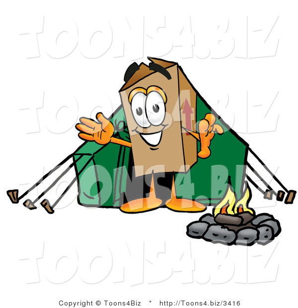Illustration of a Cartoon Packing Box Mascot Camping with a Tent and Fire
