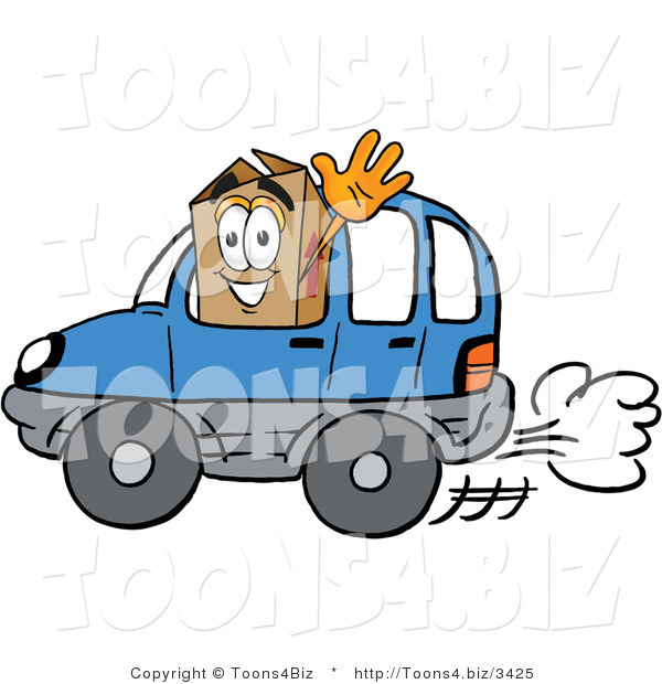 Illustration of a Cartoon Packing Box Mascot Driving a Blue Car and Waving