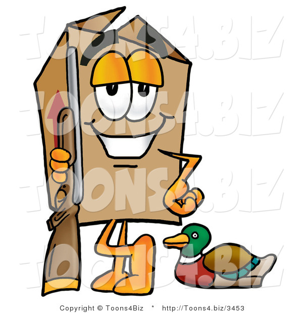 Illustration of a Cartoon Packing Box Mascot Duck Hunting, Standing with a Rifle and Duck
