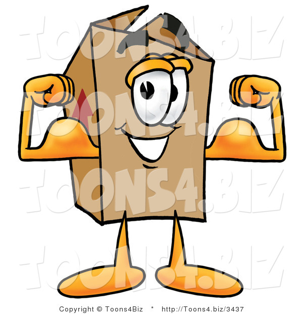 Illustration of a Cartoon Packing Box Mascot Flexing His Arm Muscles