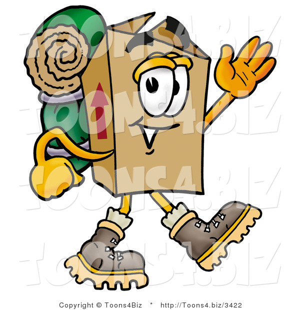 Illustration of a Cartoon Packing Box Mascot Hiking and Carrying a Backpack