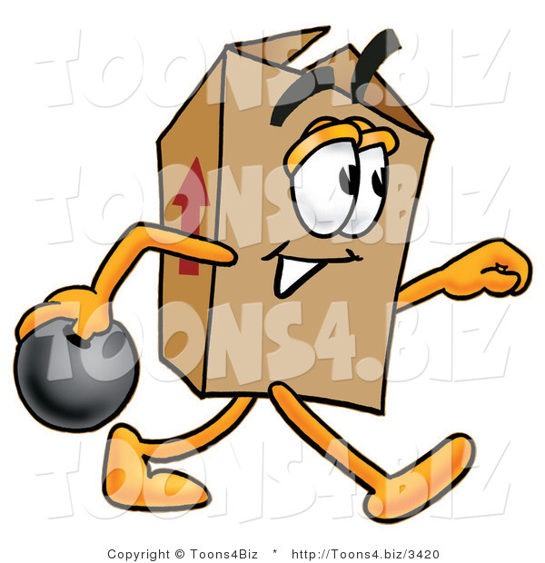 Illustration of a Cartoon Packing Box Mascot Holding a Bowling Ball
