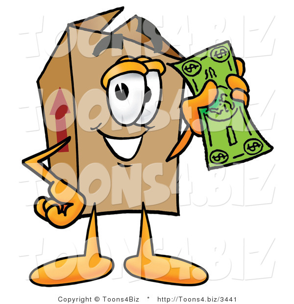 Illustration of a Cartoon Packing Box Mascot Holding a Dollar Bill