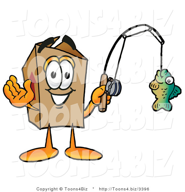 Illustration of a Cartoon Packing Box Mascot Holding a Fish on a Fishing Pole
