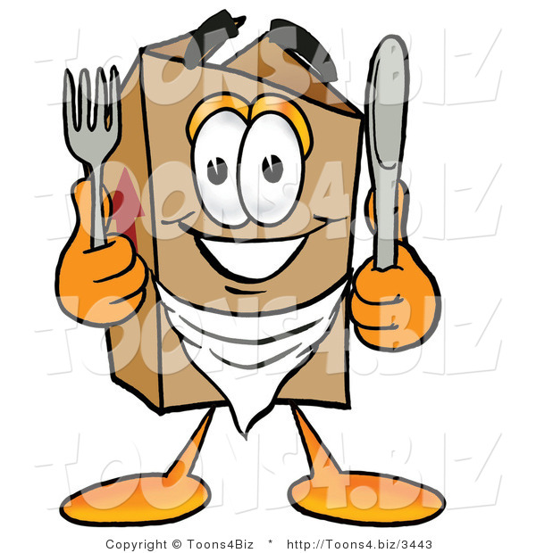 Illustration of a Cartoon Packing Box Mascot Holding a Knife and Fork