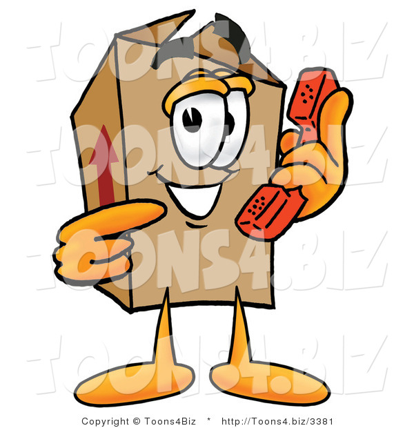 Illustration of a Cartoon Packing Box Mascot Holding a Telephone