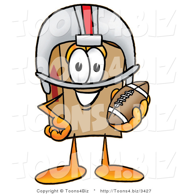 Illustration of a Cartoon Packing Box Mascot in a Helmet, Holding a Football