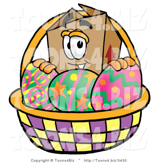 Illustration of a Cartoon Packing Box Mascot in an Easter Basket Full of Decorated Easter Eggs