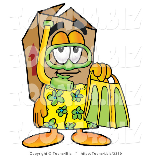 Illustration of a Cartoon Packing Box Mascot in Green and Yellow Snorkel Gear