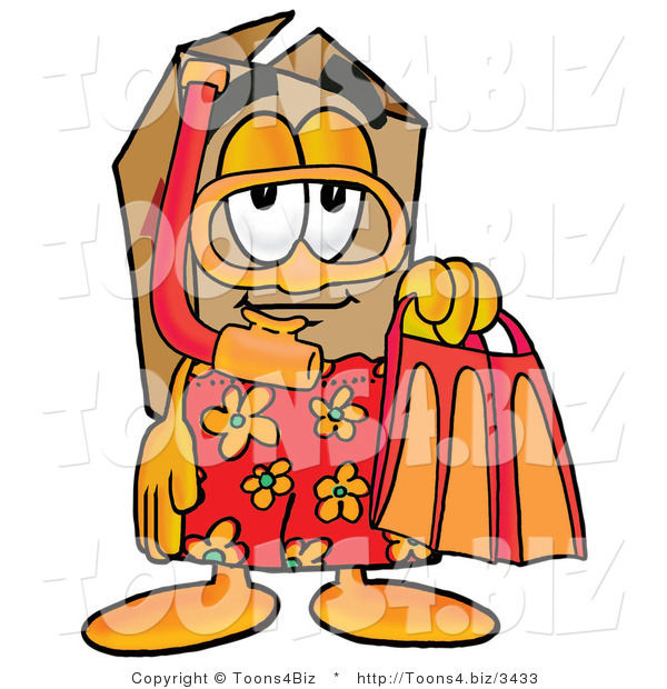 Illustration of a Cartoon Packing Box Mascot in Orange and Red Snorkel Gear