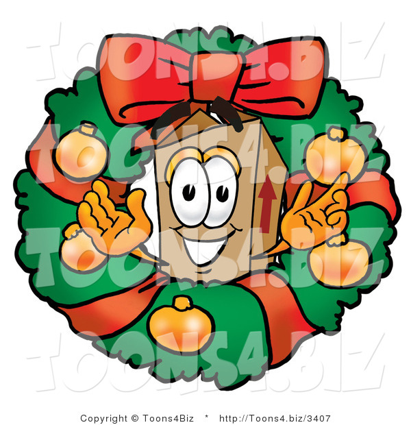 Illustration of a Cartoon Packing Box Mascot in the Center of a Christmas Wreath