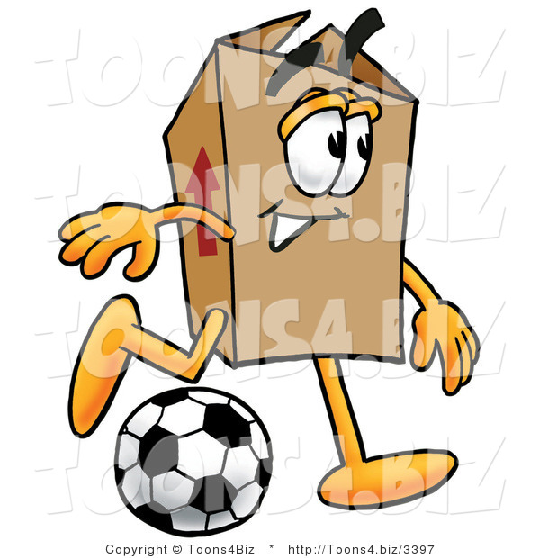 Illustration of a Cartoon Packing Box Mascot Kicking a Soccer Ball