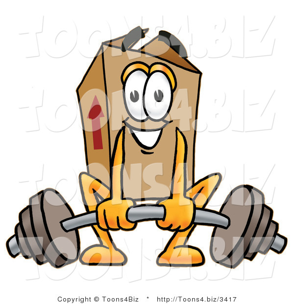 Illustration of a Cartoon Packing Box Mascot Lifting a Heavy Barbell