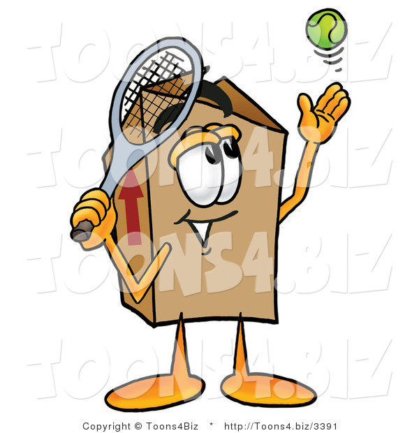 Illustration of a Cartoon Packing Box Mascot Preparing to Hit a Tennis Ball