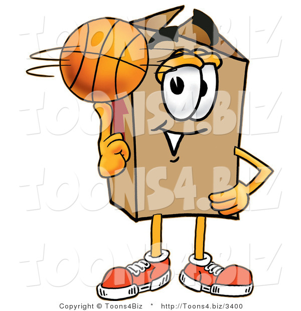 Illustration of a Cartoon Packing Box Mascot Spinning a Basketball on His Finger