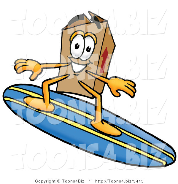 Illustration of a Cartoon Packing Box Mascot Surfing on a Blue and Yellow Surfboard