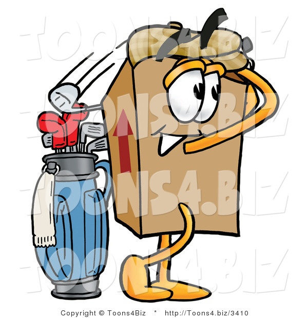 Illustration of a Cartoon Packing Box Mascot Swinging His Golf Club While Golfing