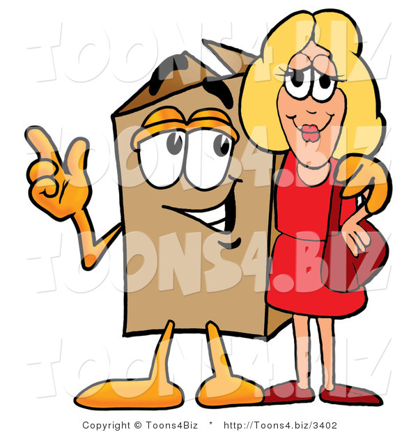 Illustration of a Cartoon Packing Box Mascot Talking to a Pretty Blond Woman