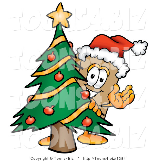 Illustration of a Cartoon Packing Box Mascot Waving and Standing by a Decorated Christmas Tree