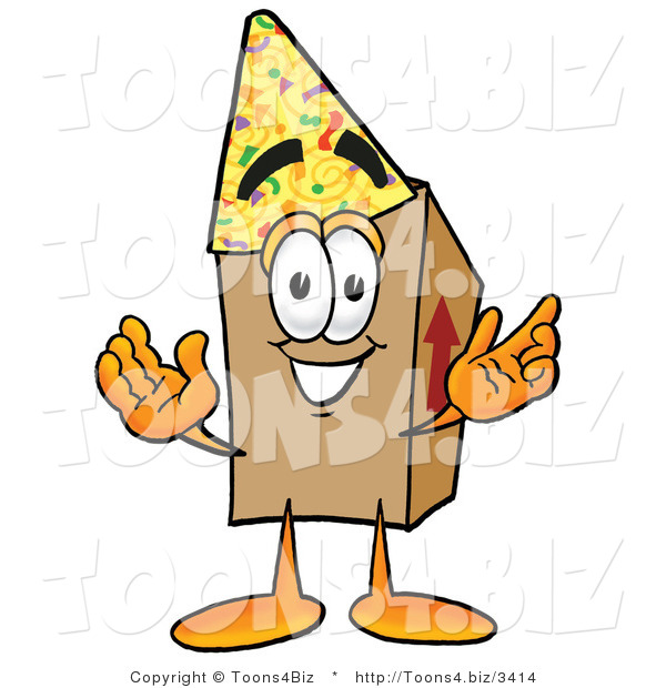 Illustration of a Cartoon Packing Box Mascot Wearing a Birthday Party Hat