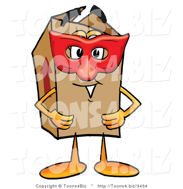 Illustration of a Cartoon Packing Box Mascot Wearing a Red Mask over His Face