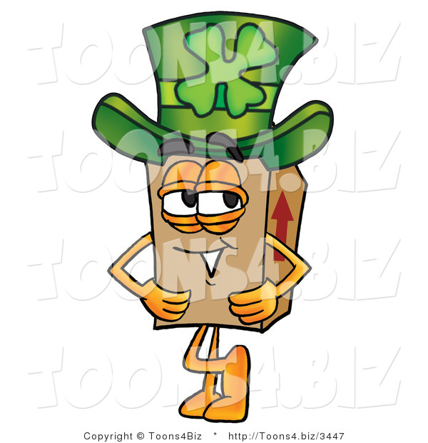 Illustration of a Cartoon Packing Box Mascot Wearing a Saint Patricks Day Hat with a Clover on It