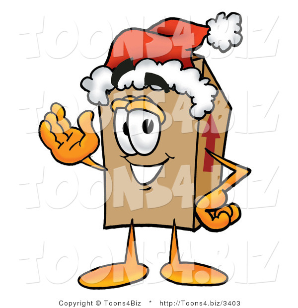 Illustration of a Cartoon Packing Box Mascot Wearing a Santa Hat and Waving