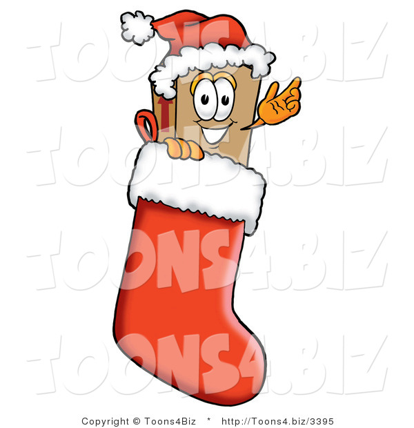 Illustration of a Cartoon Packing Box Mascot Wearing a Santa Hat Inside a Red Christmas Stocking