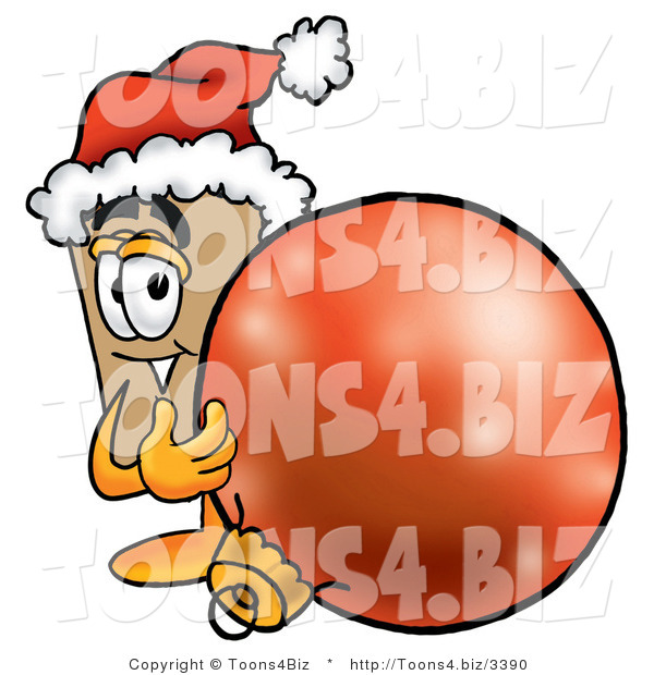 Illustration of a Cartoon Packing Box Mascot Wearing a Santa Hat, Standing with a Christmas Bauble