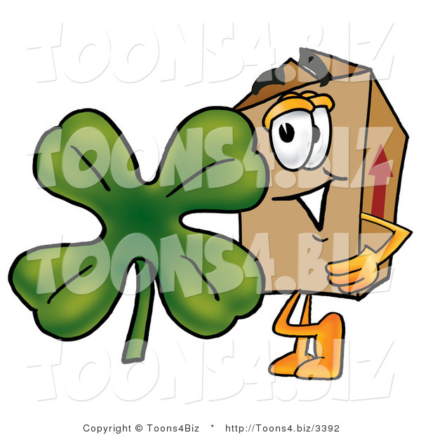 Illustration of a Cartoon Packing Box Mascot with a Green Four Leaf Clover on St Paddy's or St Patricks Day