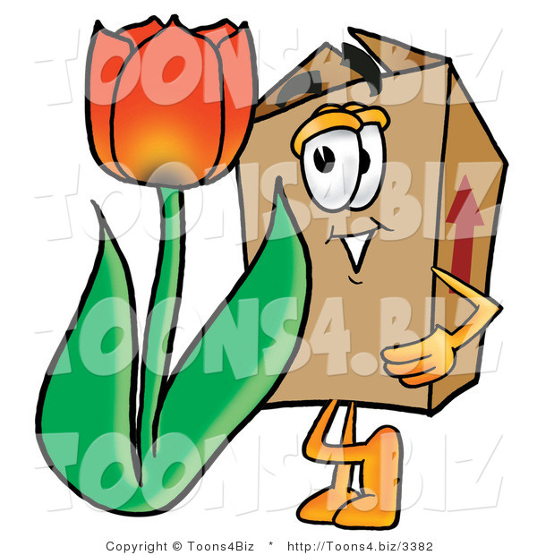 Illustration of a Cartoon Packing Box Mascot with a Red Tulip Flower in the Spring
