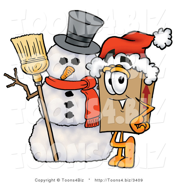 Illustration of a Cartoon Packing Box Mascot with a Snowman on Christmas
