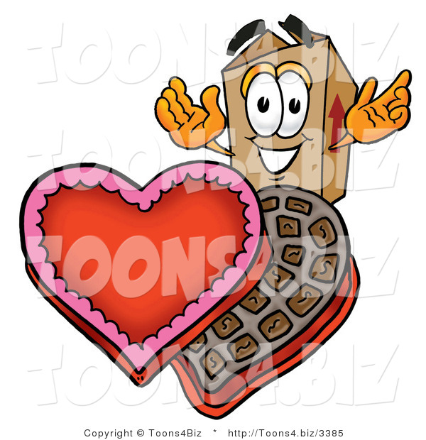 Illustration of a Cartoon Packing Box Mascot with an Open Box of Valentines Day Chocolate Candies