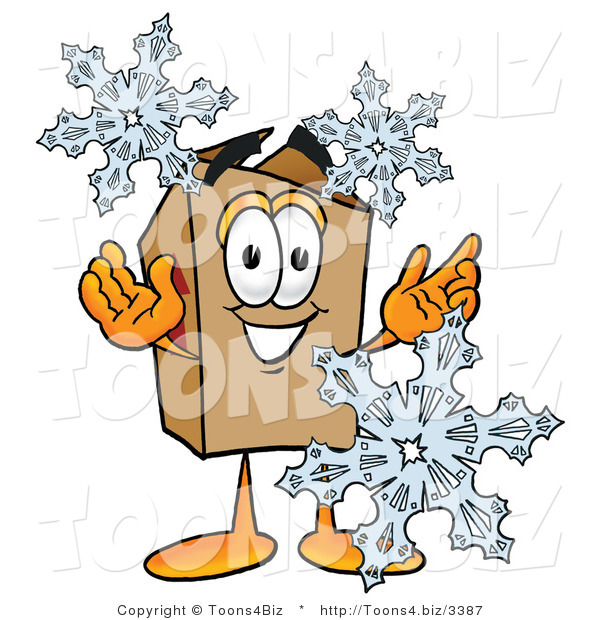 Illustration of a Cartoon Packing Box Mascot with Three Snowflakes in Winter