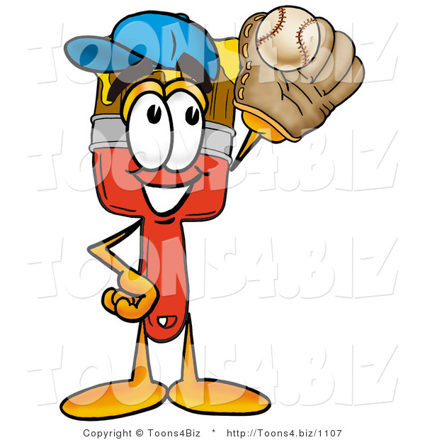 Illustration of a Cartoon Paint Brush Mascot Catching a Baseball with a Glove