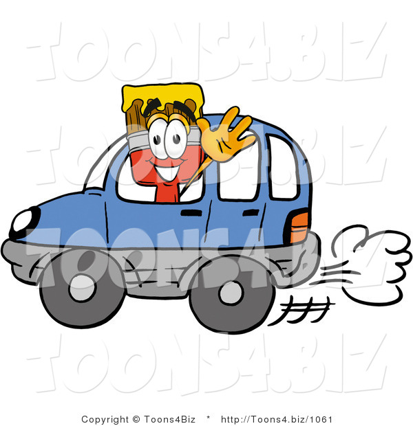 Illustration of a Cartoon Paint Brush Mascot Driving a Blue Car and Waving