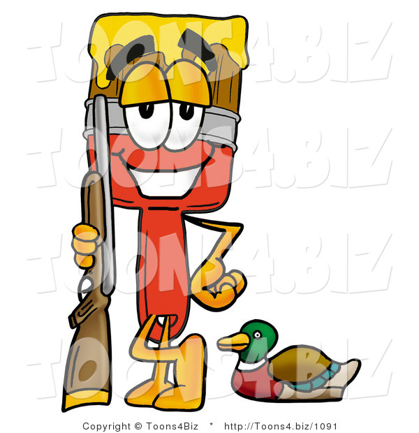 Illustration of a Cartoon Paint Brush Mascot Duck Hunting, Standing with a Rifle and Duck