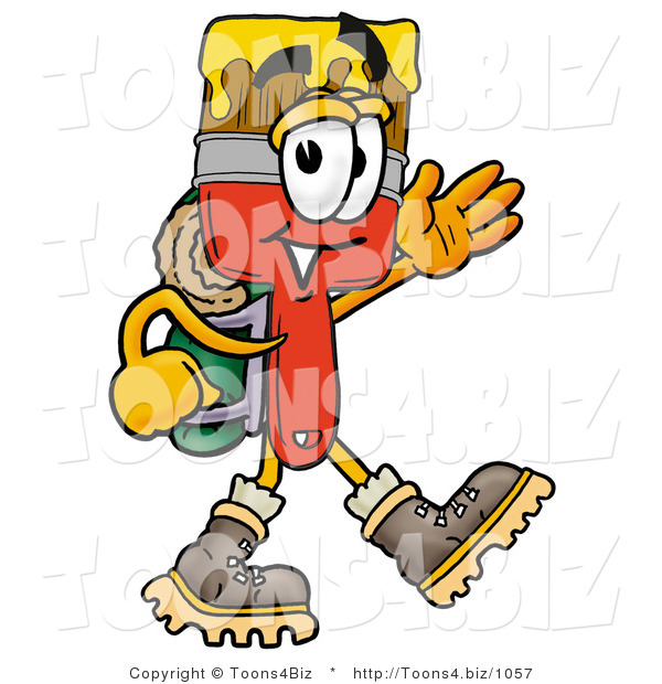 Illustration of a Cartoon Paint Brush Mascot Hiking and Carrying a Backpack