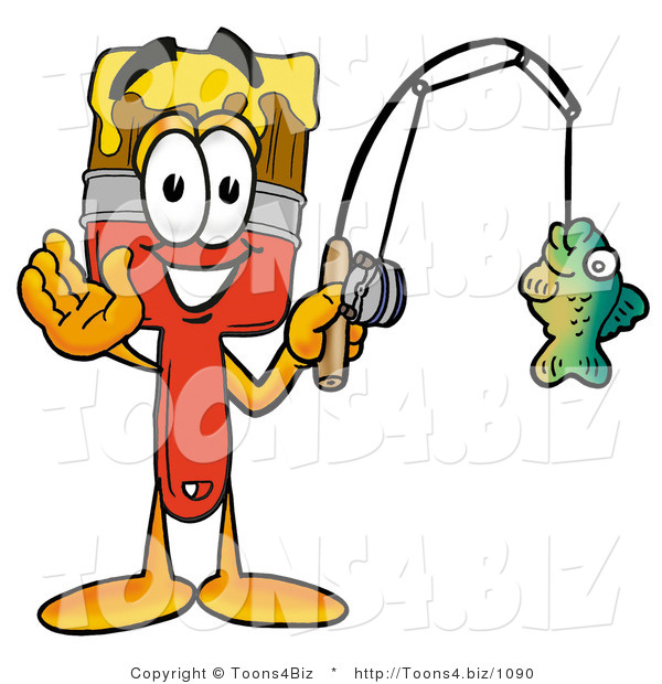 Illustration of a Cartoon Paint Brush Mascot Holding a Fish on a Fishing Pole