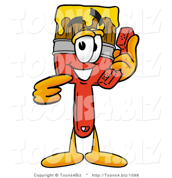 Illustration of a Cartoon Paint Brush Mascot Holding a Telephone