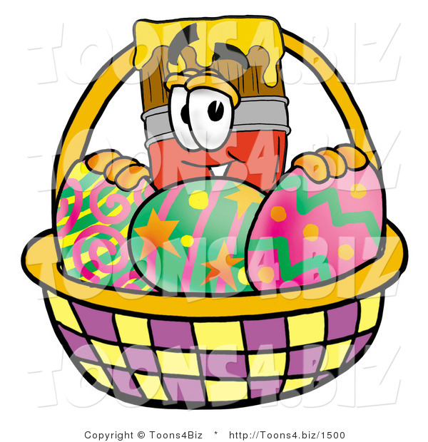 Illustration of a Cartoon Paint Brush Mascot in an Easter Basket Full of Decorated Easter Eggs