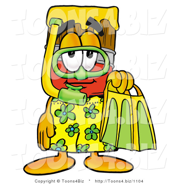 Illustration of a Cartoon Paint Brush Mascot in Green and Yellow Snorkel Gear