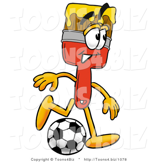 Illustration of a Cartoon Paint Brush Mascot Kicking a Soccer Ball