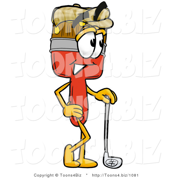 Illustration of a Cartoon Paint Brush Mascot Leaning on a Golf Club While Golfing