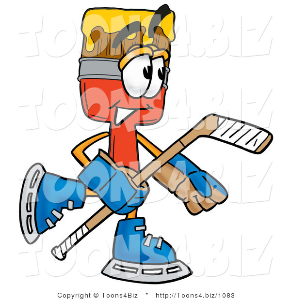 Illustration of a Cartoon Paint Brush Mascot Playing Ice Hockey