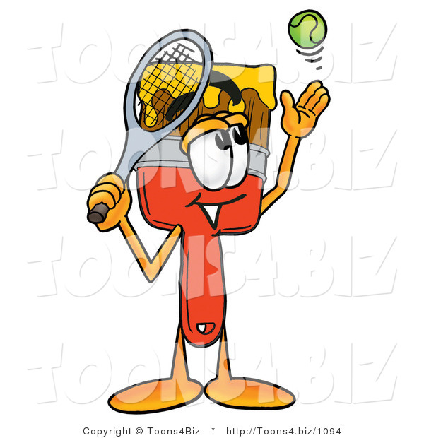 Illustration of a Cartoon Paint Brush Mascot Preparing to Hit a Tennis Ball