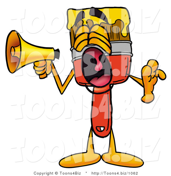 Illustration of a Cartoon Paint Brush Mascot Screaming into a Megaphone