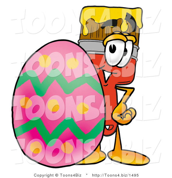 Illustration of a Cartoon Paint Brush Mascot Standing Beside an Easter Egg