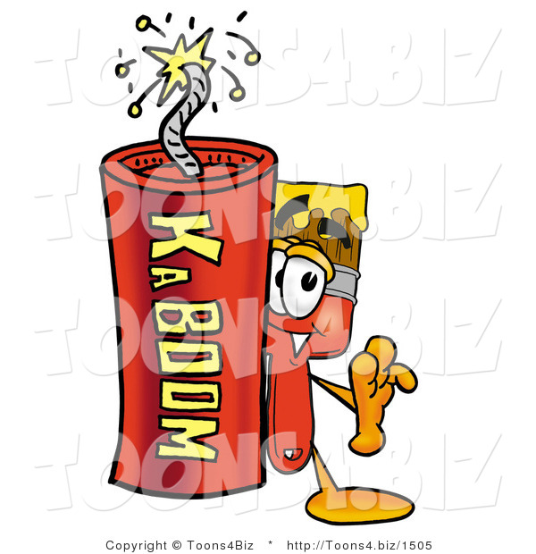 Illustration of a Cartoon Paint Brush Mascot Standing with a Lit Stick of Dynamite