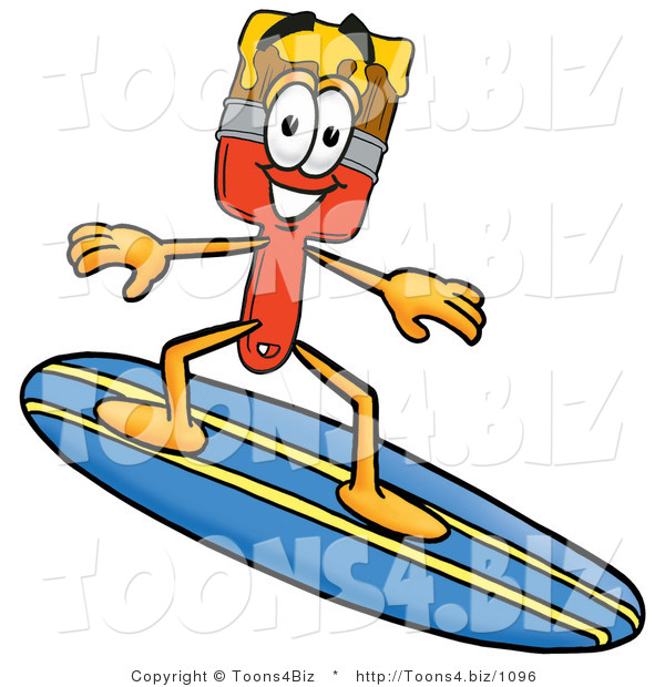 Illustration of a Cartoon Paint Brush Mascot Surfing on a Blue and Yellow Surfboard